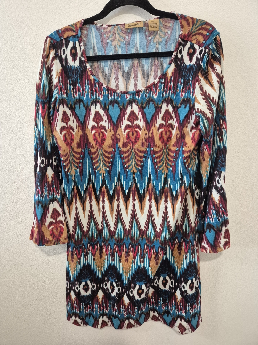 Wrangler Boho Western Aztec Geometric Print Tunic Knit Dress 3/4 Sleeve Large